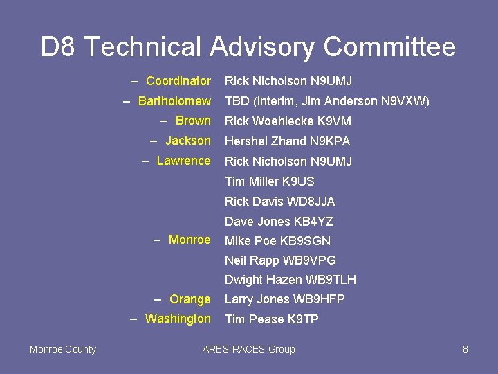 D 8 Technical Advisory Committee – Coordinator – Bartholomew Rick Nicholson N 9 UMJ