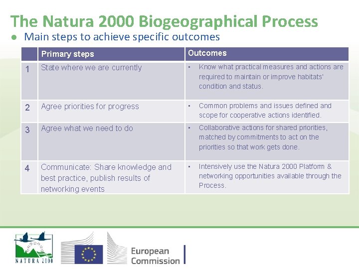 The Natura 2000 Biogeographical Process l Main steps to achieve specific outcomes Primary steps