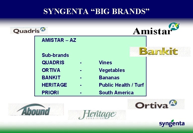 SYNGENTA “BIG BRANDS” AMISTAR – AZ Sub-brands QUADRIS - Vines ORTIVA - Vegetables BANKIT