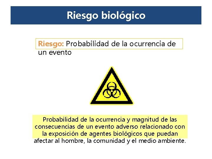 Riesgo biológico Riesgo: Probabilidad de la ocurrencia de un evento Probabilidad de la ocurrencia Riesgo biológico Riesgo: Probabilidad de la ocurrencia de un evento Probabilidad de la ocurrencia