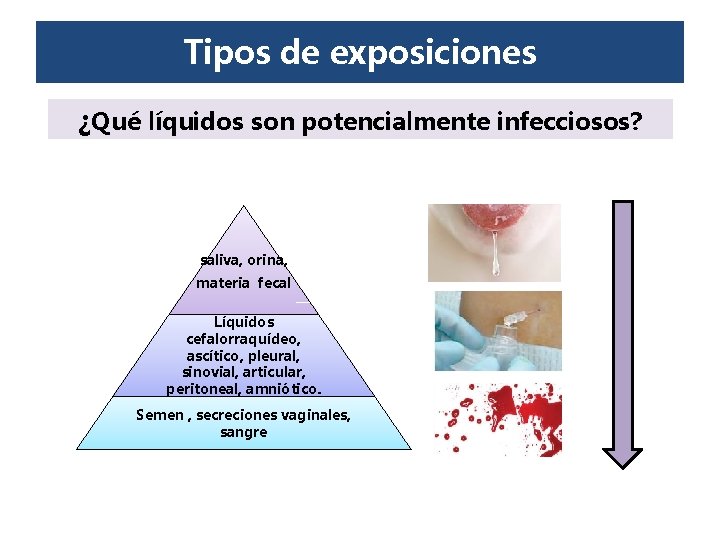 Tipos de exposiciones ¿Qué líquidos son potencialmente infecciosos? saliva, orina, materia fecal Líquidos cefalorraquídeo, Tipos de exposiciones ¿Qué líquidos son potencialmente infecciosos? saliva, orina, materia fecal Líquidos cefalorraquídeo,