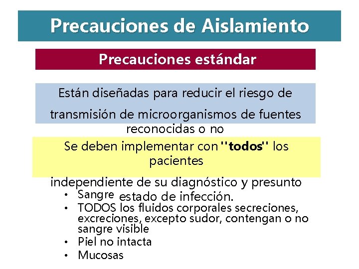 Precauciones de Aislamiento Precauciones estándar Están diseñadas para reducir el riesgo de transmisión de Precauciones de Aislamiento Precauciones estándar Están diseñadas para reducir el riesgo de transmisión de