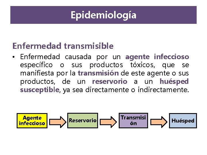 Epidemiología Enfermedad transmisible • Enfermedad causada por un agente infeccioso específico o sus productos Epidemiología Enfermedad transmisible • Enfermedad causada por un agente infeccioso específico o sus productos
