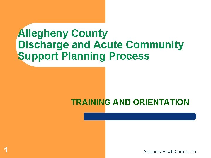 Allegheny County Discharge and Acute Community Support Planning Process TRAINING AND ORIENTATION 1 Allegheny