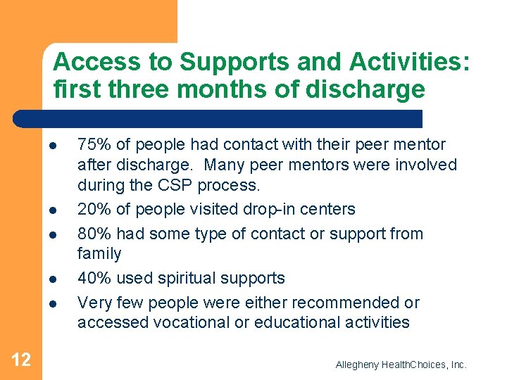 Access to Supports and Activities: first three months of discharge l l l 12