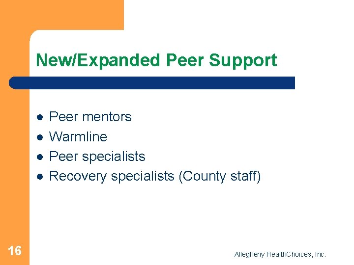 New/Expanded Peer Support l l 16 Peer mentors Warmline Peer specialists Recovery specialists (County