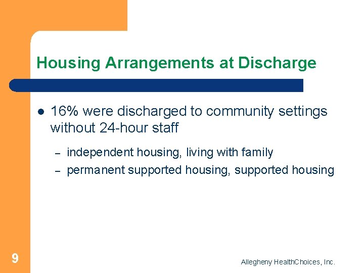 Housing Arrangements at Discharge l 16% were discharged to community settings without 24 -hour