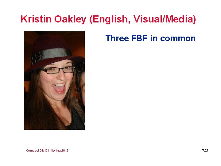 Kristin Oakley (English, Visual/Media) Three FBF in common Compsci 06/101, Spring 2012 17. 27