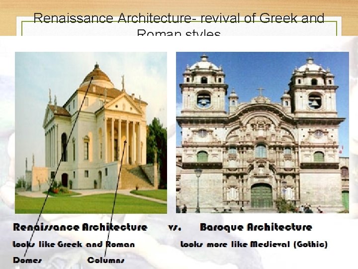 Renaissance Architecture- revival of Greek and Roman styles 