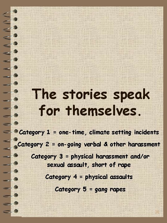 The stories speak for themselves. Category 1 = one-time, climate setting incidents Category 2