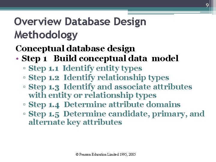 9 Overview Database Design Methodology Conceptual database design • Step 1 Build conceptual data