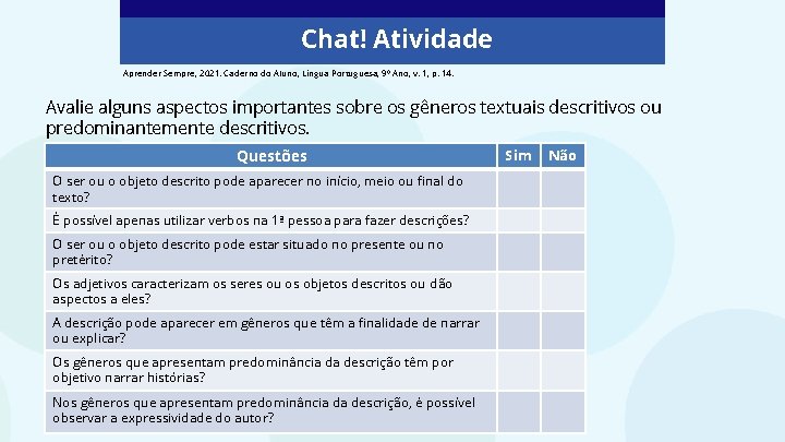 Chat! Vamos conversar! Atividade Aprender Sempre, 2021. Caderno do Aluno, Língua Portuguesa, 9º Ano,