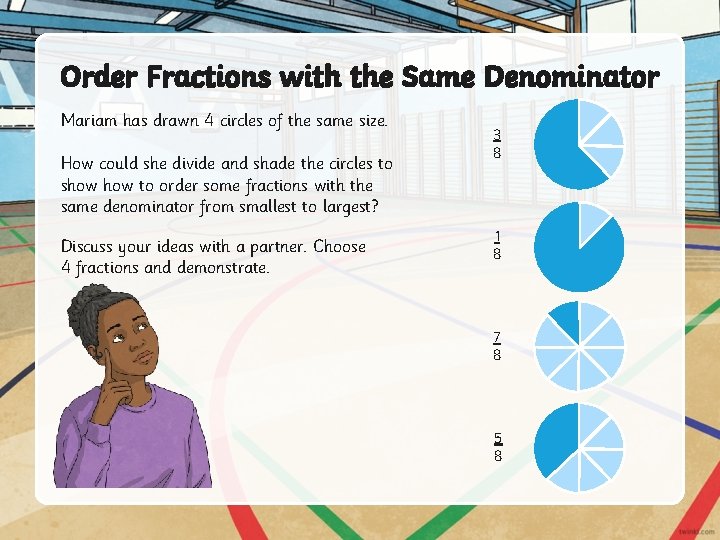 Order Fractions with the Same Denominator Mariam has drawn 4 circles of the same