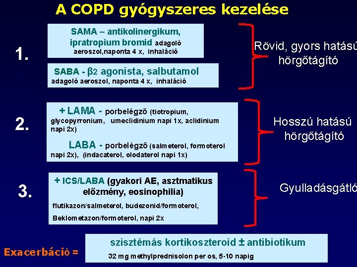 A COPD gyógyszeres kezelése 1. . SAMA – antikolinergikum, ipratropium bromid adagoló aeroszol, naponta