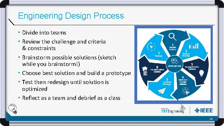 Engineering Design Process • Divide into teams • Review the challenge and criteria &