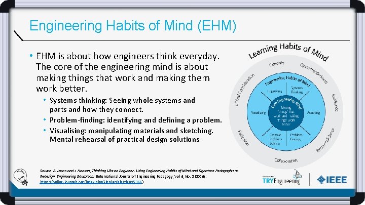 Engineering Habits of Mind (EHM) • EHM is about how engineers think everyday. The