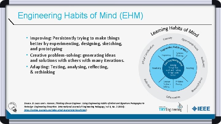 Engineering Habits of Mind (EHM) • Improving: Persistently trying to make things better by