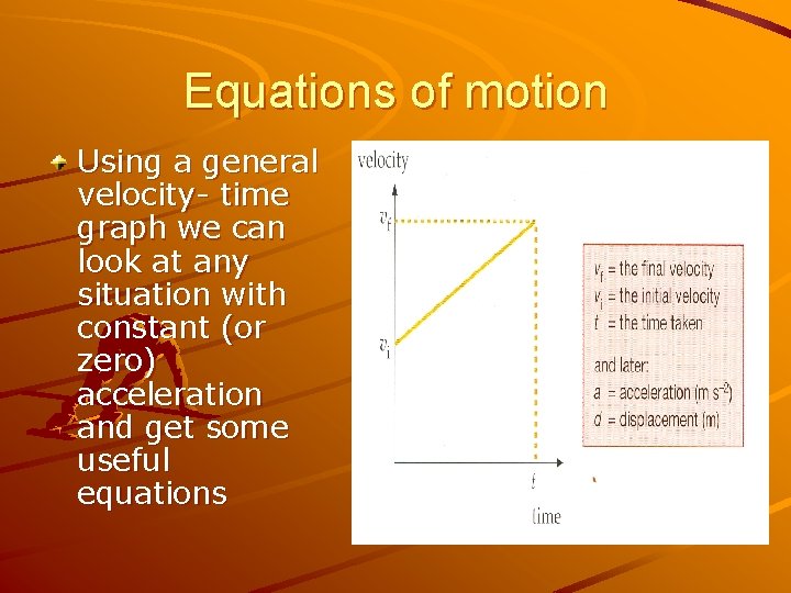 Equations of motion Using a general velocity- time graph we can look at any