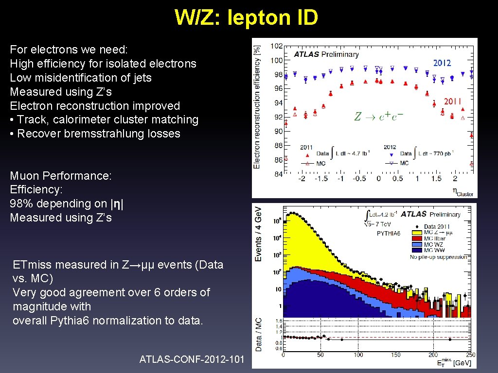 W/Z: lepton ID For electrons we need: High efficiency for isolated electrons Low misidentification