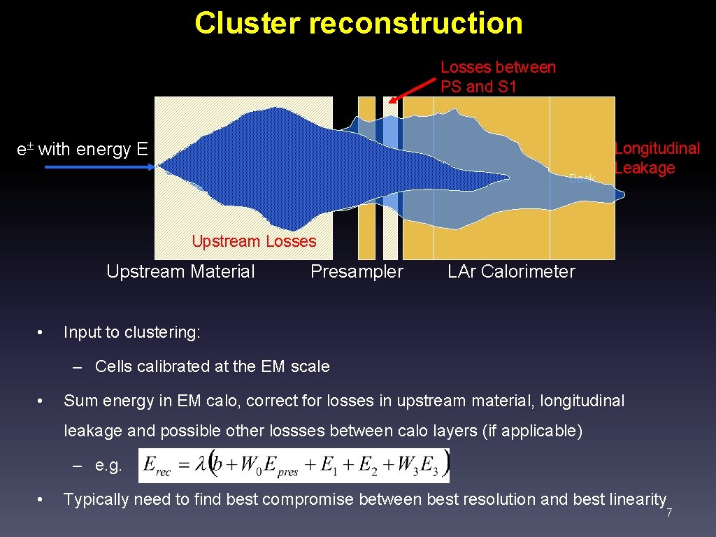 Cluster reconstruction Losses between PS and S 1 e with energy E strips Middle