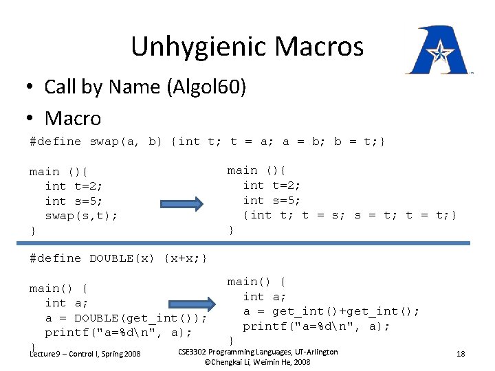 Unhygienic Macros • Call by Name (Algol 60) • Macro #define swap(a, b) {int