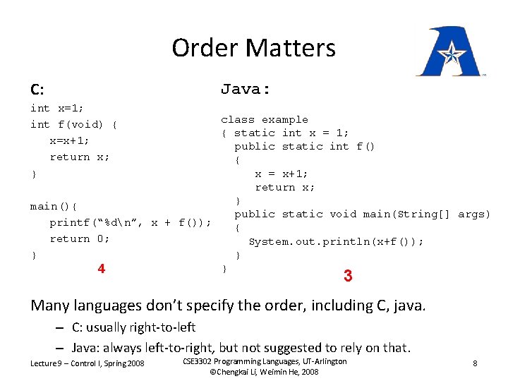 Order Matters C: Java: int x=1; int f(void) { x=x+1; return x; } class