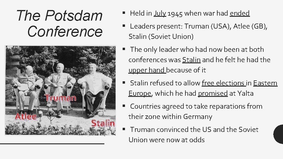 The Potsdam Conference § Held in July 1945 when war had ended § Leaders