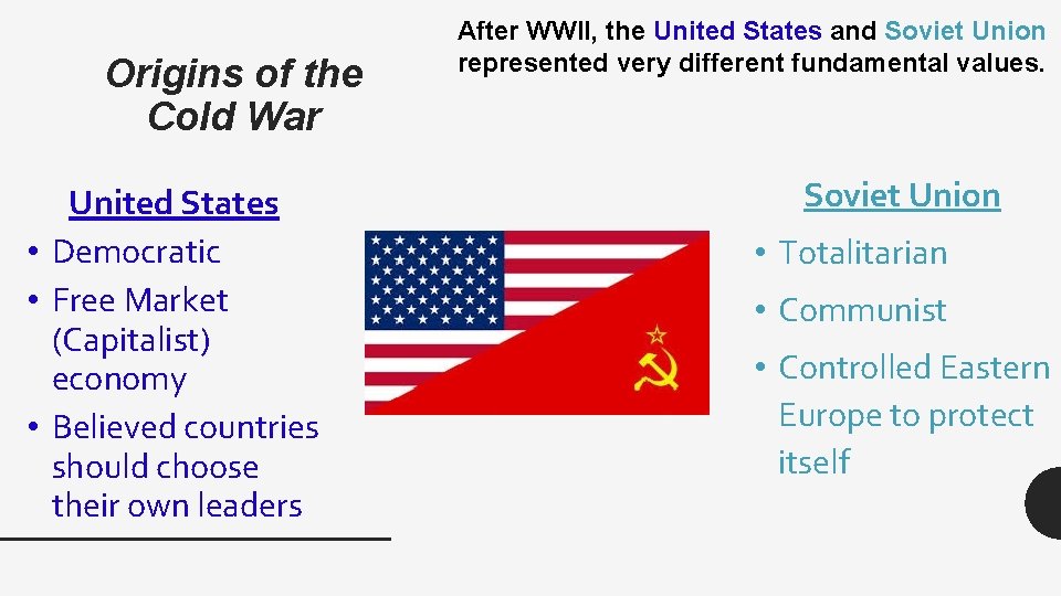 Origins of the Cold War United States • Democratic • Free Market (Capitalist) economy