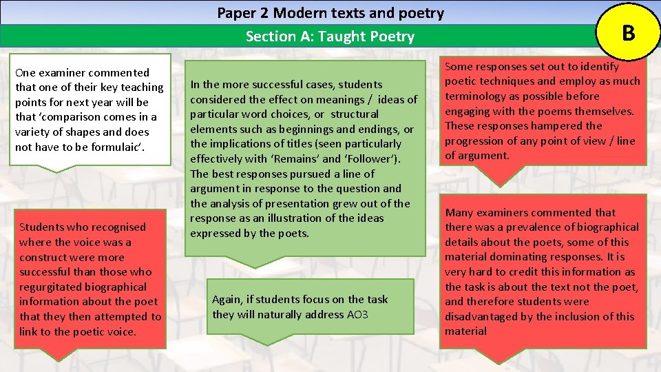 Paper 2 Modern texts and poetry Section A: Taught Poetry One examiner commented that