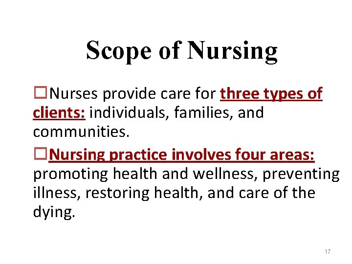 Scope of Nursing o. Nurses provide care for three types of clients: individuals, families,