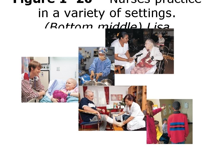 Figure 1– 20 Nurses practice in a variety of settings. (Bottom middle) Lisa S.