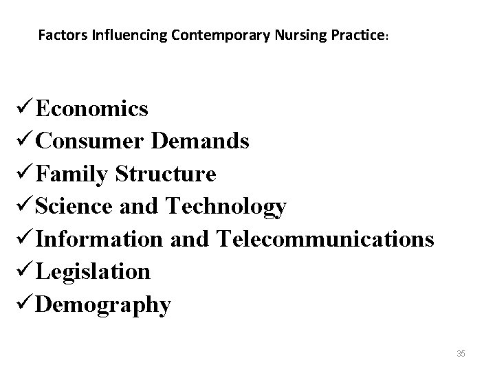 Factors Influencing Contemporary Nursing Practice: üEconomics üConsumer Demands üFamily Structure üScience and Technology üInformation