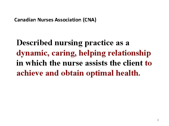 Canadian Nurses Association (CNA) Described nursing practice as a dynamic, caring, helping relationship in