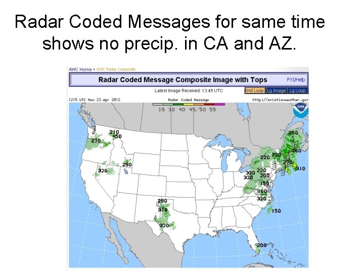 Radar Coded Messages for same time shows no precip. in CA and AZ. 