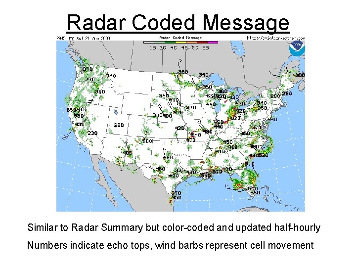 Radar Coded Message Similar to Radar Summary but color-coded and updated half-hourly Numbers indicate