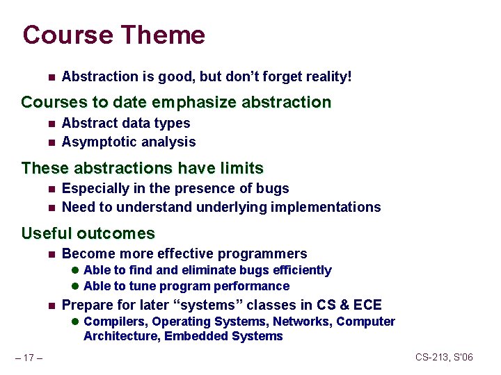 Course Theme n Abstraction is good, but don’t forget reality! Courses to date emphasize