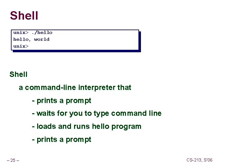 Shell unix>. /hello, world unix> Shell a command-line interpreter that - prints a prompt