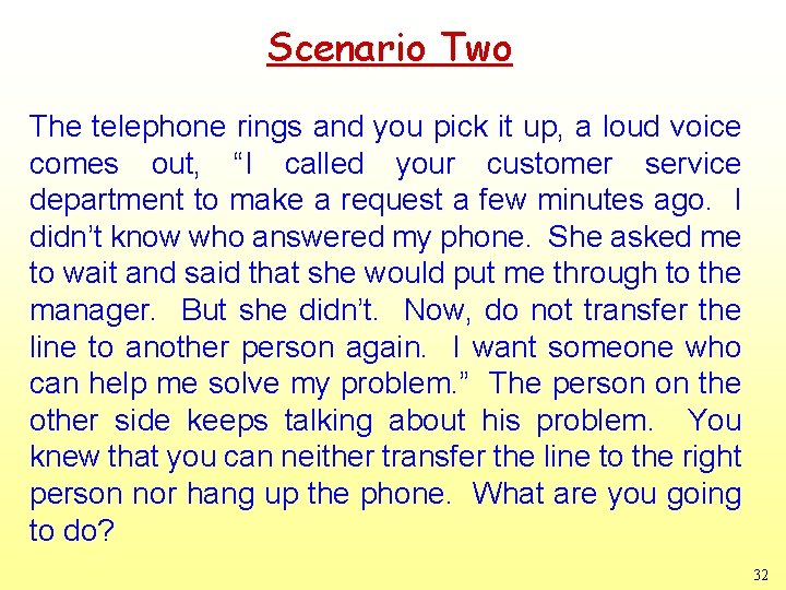 Scenario Two The telephone rings and you pick it up, a loud voice comes