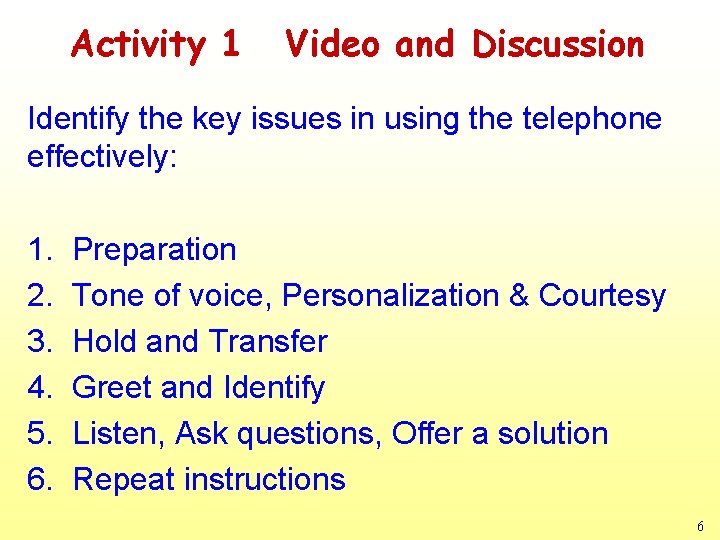 Activity 1 Video and Discussion Identify the key issues in using the telephone effectively: