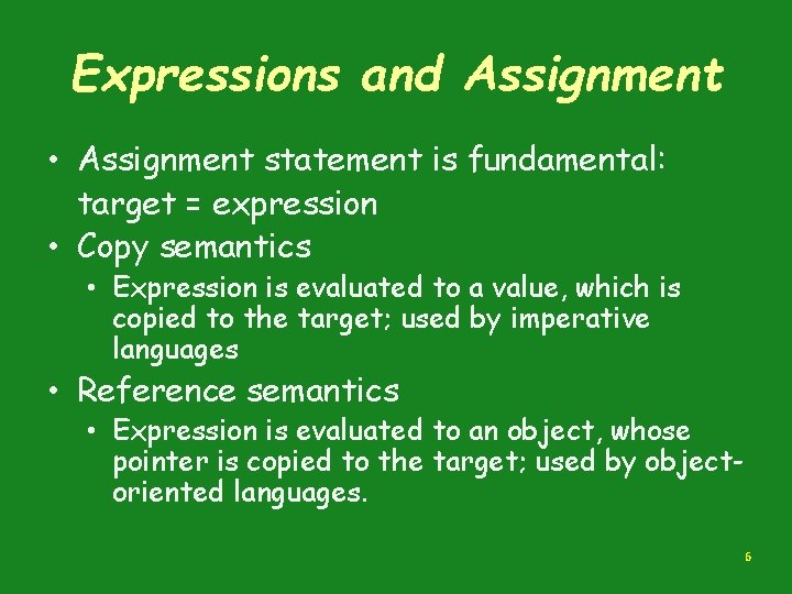 Expressions and Assignment • Assignment statement is fundamental: target = expression • Copy semantics