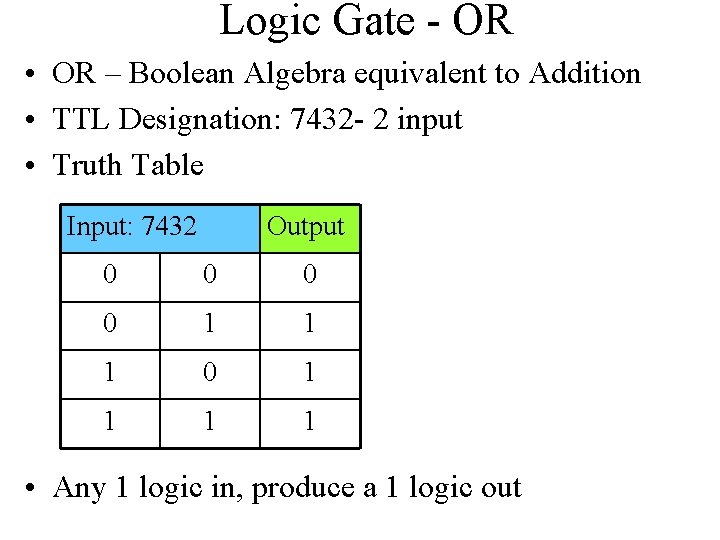 Logic Gate - OR • OR – Boolean Algebra equivalent to Addition • TTL