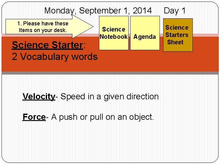 Monday, September 1, 2014 1. Please have these Items on your desk. Science Starter: