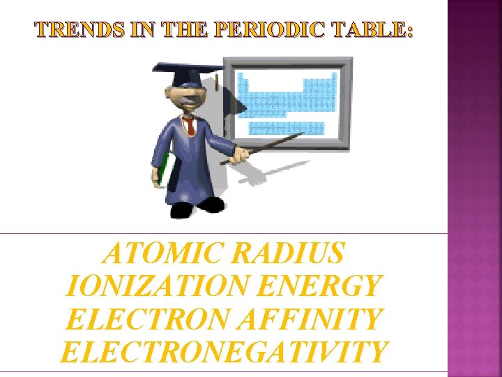TRENDS IN THE PERIODIC TABLE: ATOMIC RADIUS IONIZATION ENERGY ELECTRON AFFINITY ELECTRONEGATIVITY 