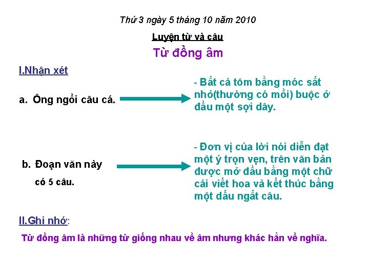 Thứ 3 ngày 5 tháng 10 năm 2010 Luyện từ và câu Từ đồng