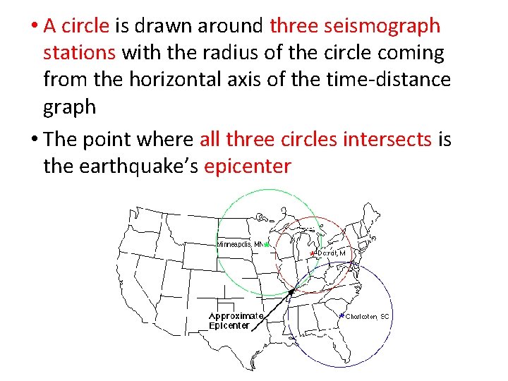  • A circle is drawn around three seismograph stations with the radius of