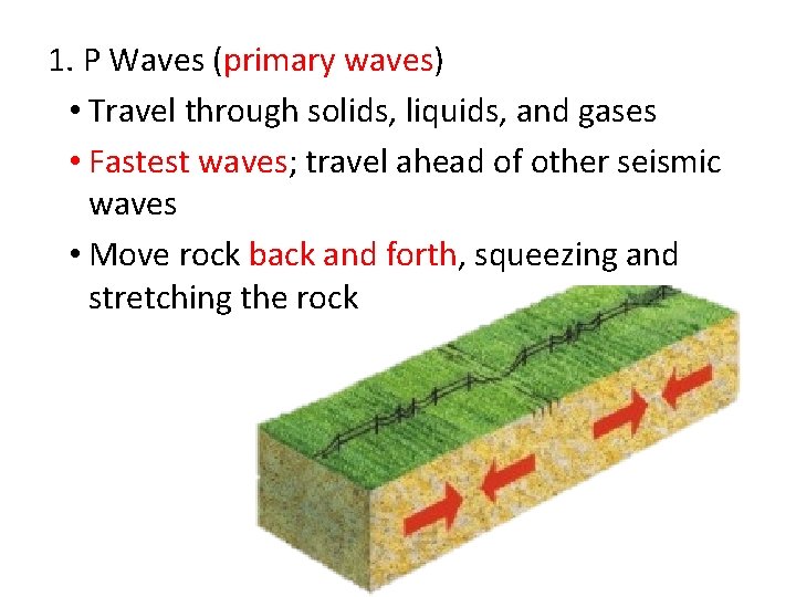 1. P Waves (primary waves) • Travel through solids, liquids, and gases • Fastest
