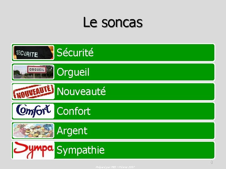 Le soncas Sécurité Orgueil Nouveauté Confort Argent Sympathie 8 Préparé par FBS – Février