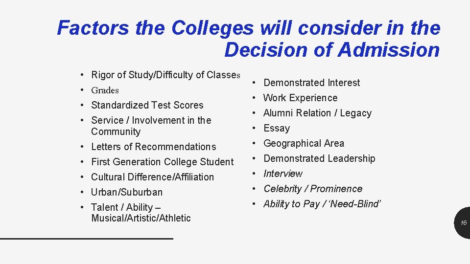 Factors the Colleges will consider in the Decision of Admission • Rigor of Study/Difficulty