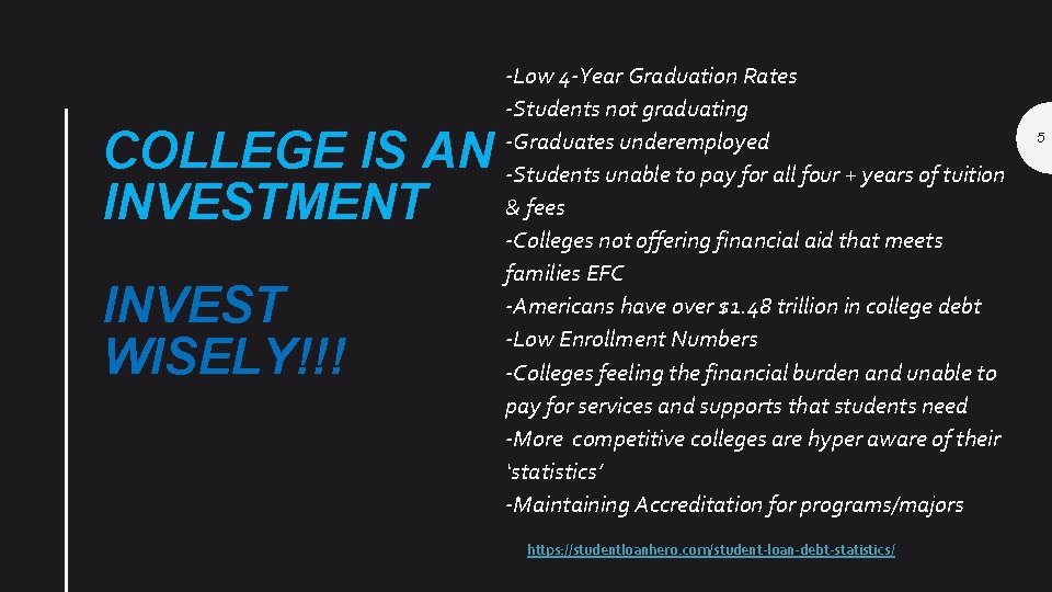 COLLEGE IS AN INVESTMENT INVEST WISELY!!! -Low 4 -Year Graduation Rates -Students not graduating