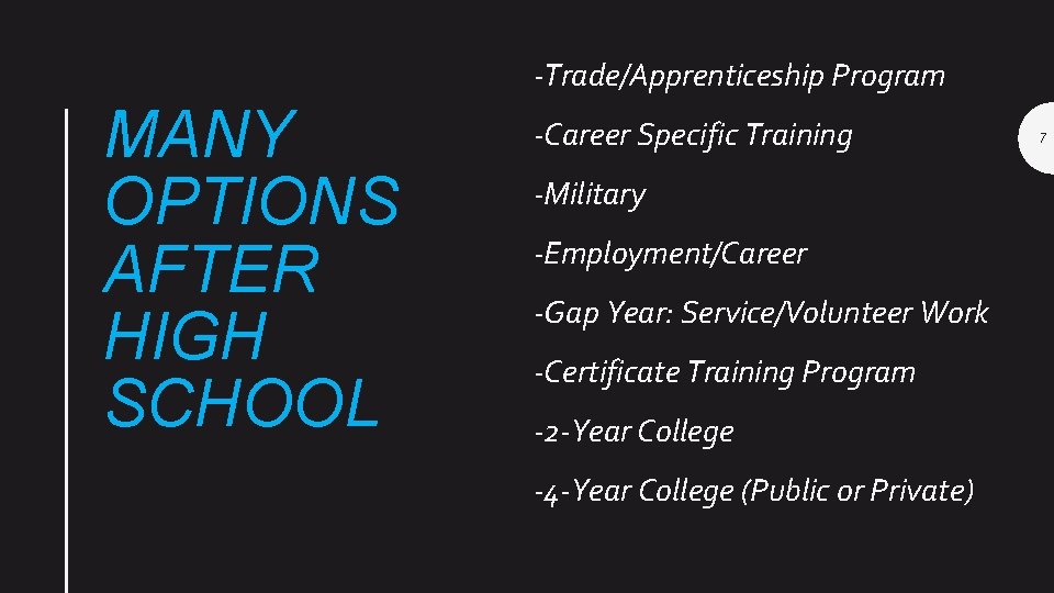 -Trade/Apprenticeship Program MANY OPTIONS AFTER HIGH SCHOOL -Career Specific Training -Military -Employment/Career -Gap Year:
